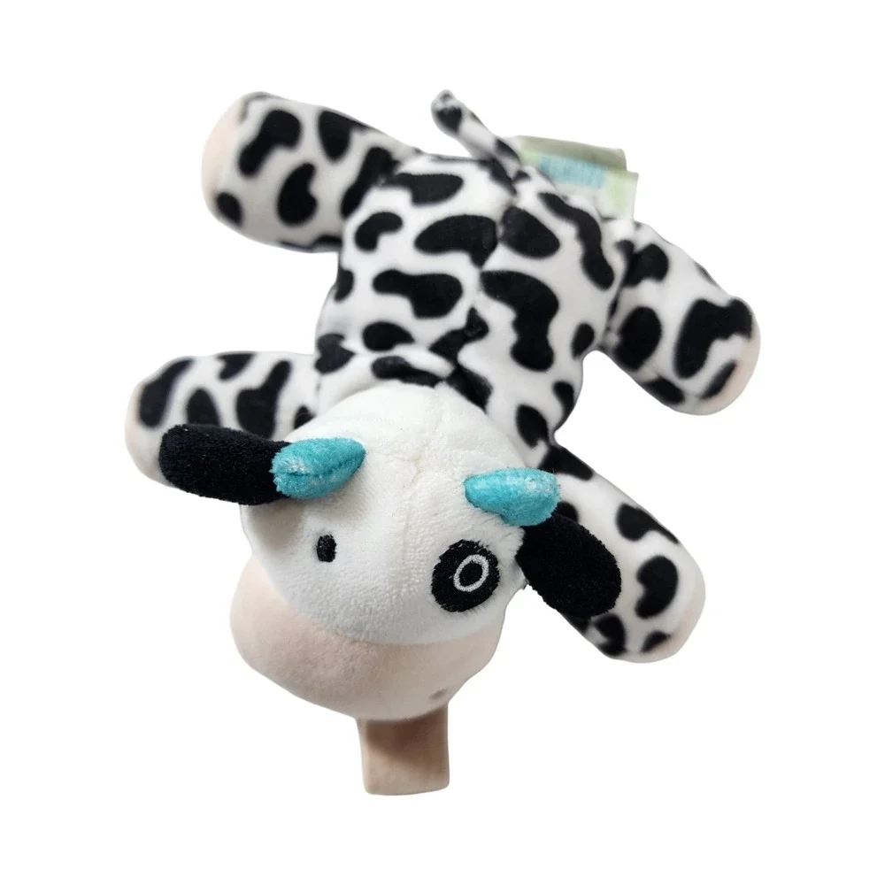 La Bebe Favorite Cow Plush Pacifier Holder Black White Spotted Blue Horns 6in